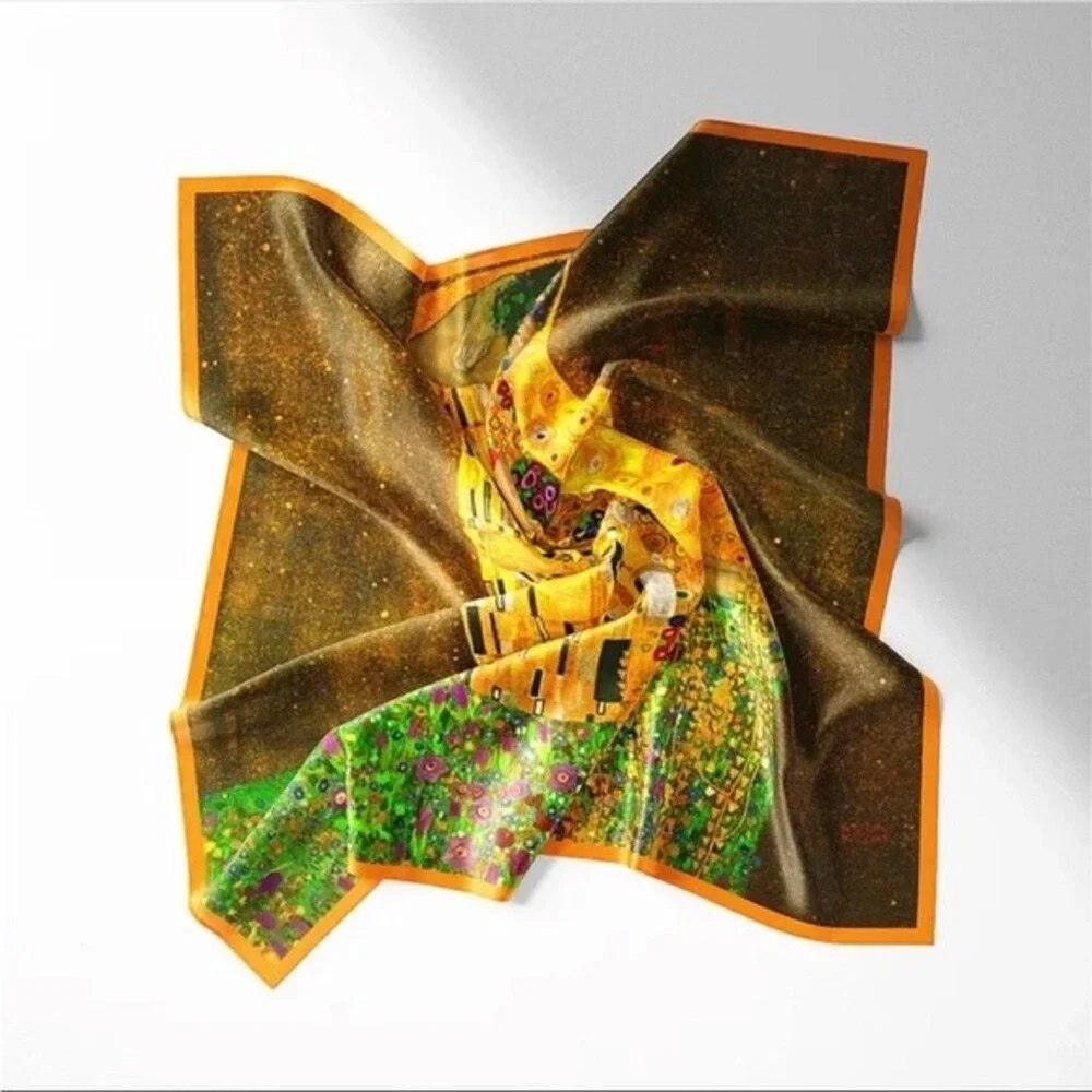 GUSTAV KLIMT Scarf The Kiss Painting Square Kerchief Silky Satin